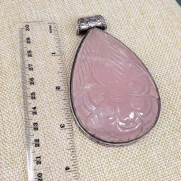 Vitnage Large Teardrop Carved Rose Quartz Sterling Silver Pendant Over 3 Inch - Picture 9 of 11